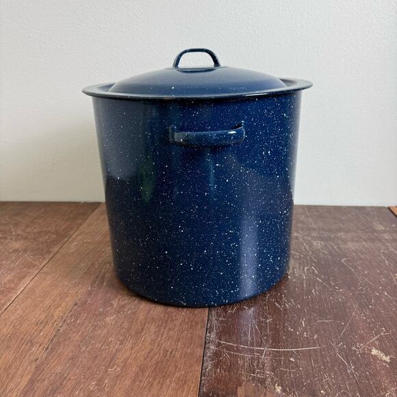 Vintage Retro 1970s Enamelware Blue Speckled Graniteware Pot with lid - Picture 2 of 13